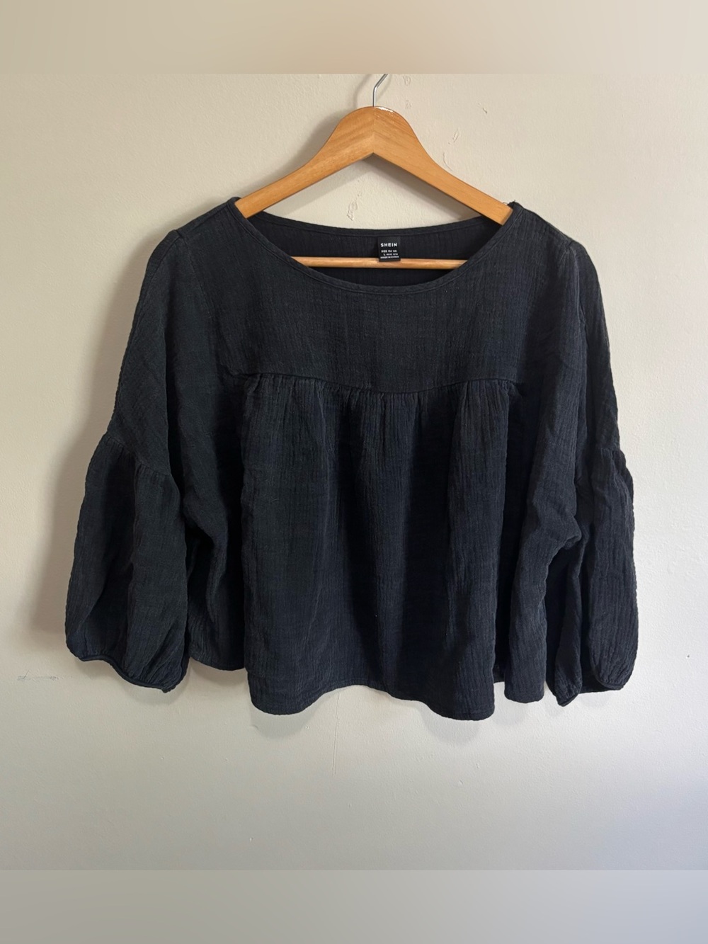 SHEIN Black Cotton Cropped Babydoll Blouse Balloon Sleeve Top L